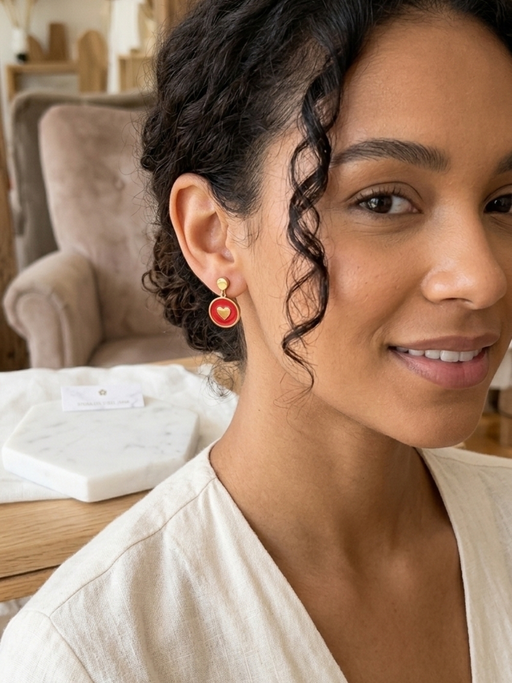 Tiffany Designs Gold-Tone Earrings with Red Heart Enamel